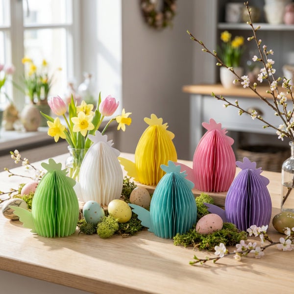 Osterdekoration mit bunten Papierwaben Hühnern und Ostereiern auf einem Holztisch, arrangiert mit Frühlingsblumen und blühenden Zweigen.