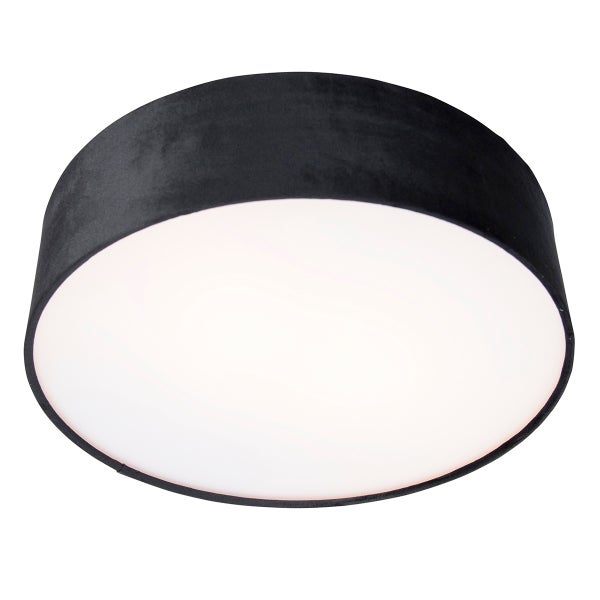 Runde Deckenleuchte mit schwarzem Stoffschirm und weißem Diffusor.