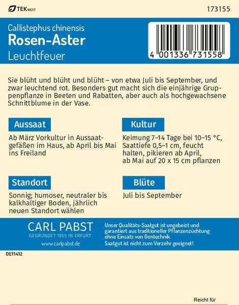 Rückseite der Samentüte für Rosen-Aster Leuchtfeuer von Carl Pabst mit Carl Pabst Logo und Hinweisen zu Aussaat, Kultur, Standort und Blütezeit.