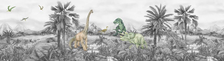 Illustration einer Dinosaurierlandschaft mit Bergen, Bäumen und verschiedenen Dinosauriern