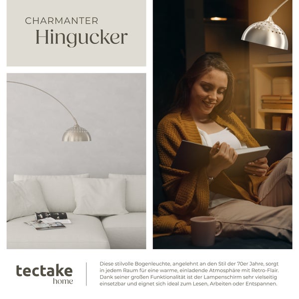 Elegante Bogenleuchte im Stil der 70er Jahre in einem Wohnzimmer mit Sofa und lesender Frau