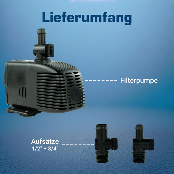 Lieferumfang einer Filterpumpe mit zwei Aufsätzen in den Größen ein halb Zoll und drei viertel Zoll.
