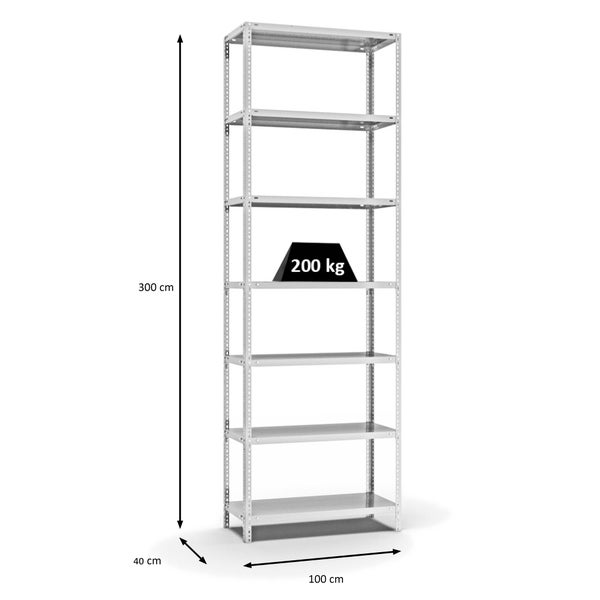 PROREGAL Fachbodenregal Schraubsystem Medium-Duty Grundregal HxBxT 300 x 100 x 50 cm 7 Ebenen Fachlast 200 kg Beidseitig Nutzbar Lichtgrau