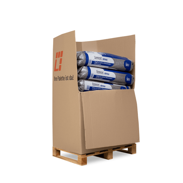 Mehrere 50 Liter Säcke Liapor Blähton als salzfreies Winterstreu auf einer Palette in einem Kartondisplay.