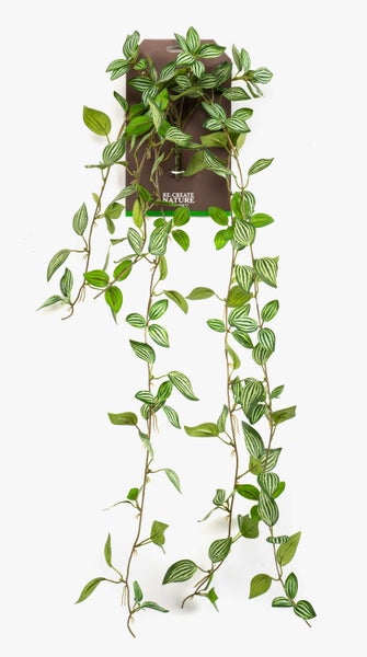 Künstliche Pflanzengirlande mit gestreiften grünen Blättern und braunen Stielen.