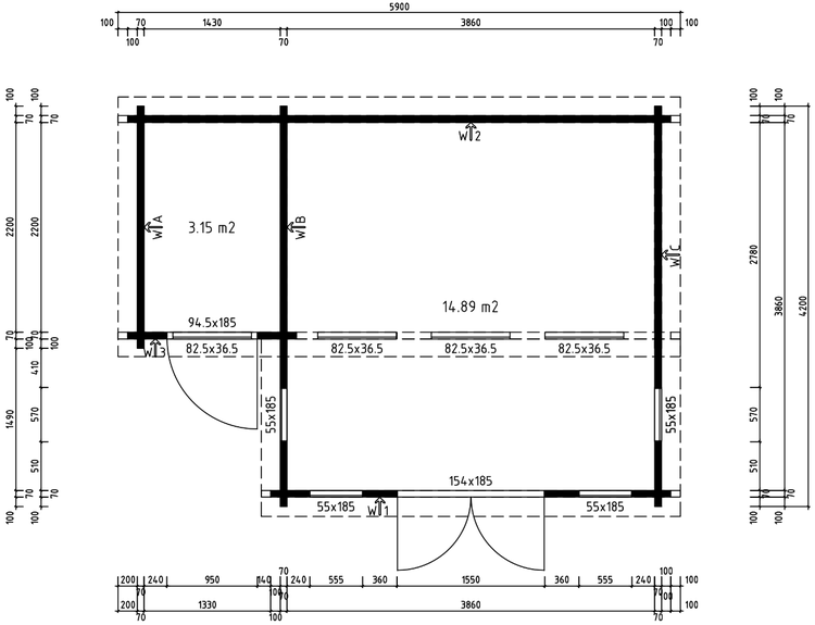 Technische Zeichnung mit Grundriss eines Gartenhauses inklusive Bemaßung und Wandaufbau.