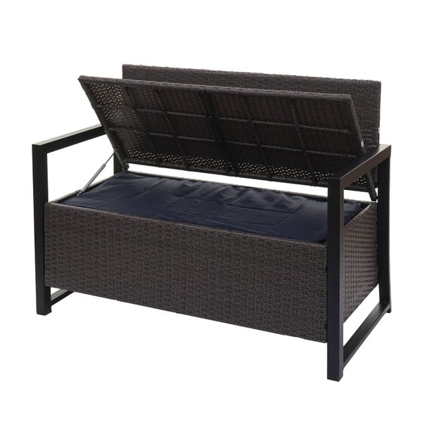 Gartenbank aus Poly-Rattan mit integrierter Auflagenbox und aufklappbarer Sitzfläche.