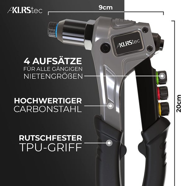 KLRStec® Professional Nietenzangen Set inkl. 120 Nieten und 4 HSS Bohrern – Hochwertige Popnietenzange zum verarbeiten von Blindnieten