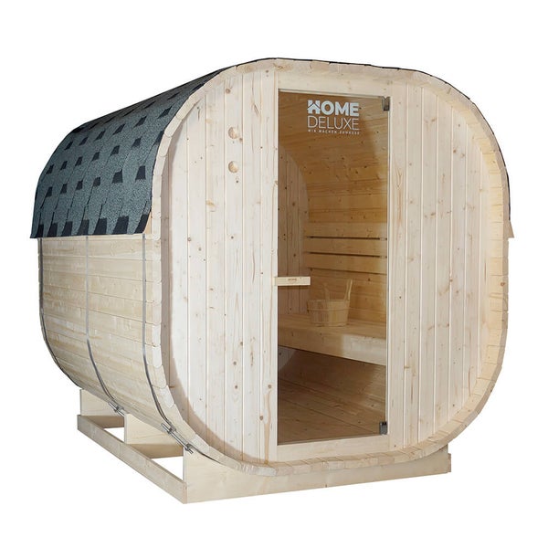 Fasssauna aus Holz von Home Deluxe mit Glasfront und Saunazubehör für den Garten