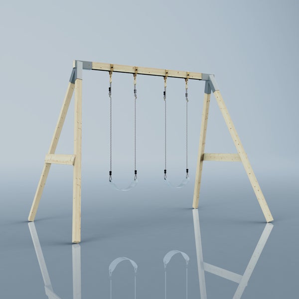 Doppelschaukel aus Holz mit zwei flexiblen Schaukelsitzen und Metallverbindern für den Garten.