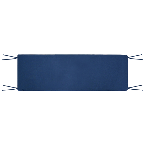 Dunkelblaue Bankauflage mit Befestigungsbändern für Gartenbänke.