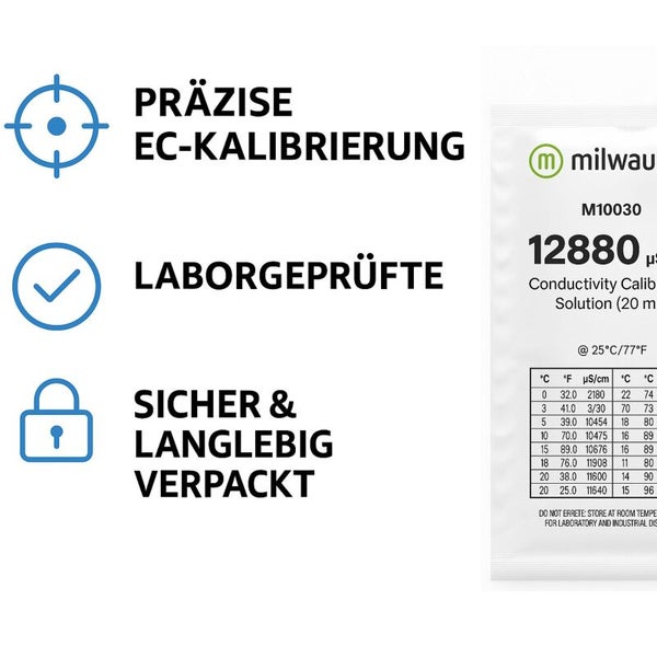 Milwau Logo, M10030 Leitfähigkeitskalibrierlösung (20 ml) mit Symbolen für präzise EC Kalibrierung, laborgeprüfte Qualität und sichere, langlebige Verpackung.