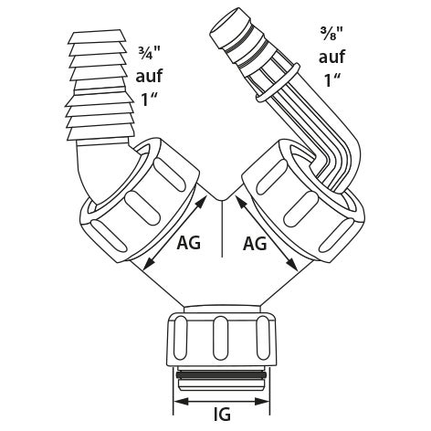 Y-Verteiler mit einem Innengewinde und zwei Außengewinden sowie Schlauchtüllen für 3/4 Zoll auf 1 Zoll und 3/8 Zoll auf 1 Zoll.