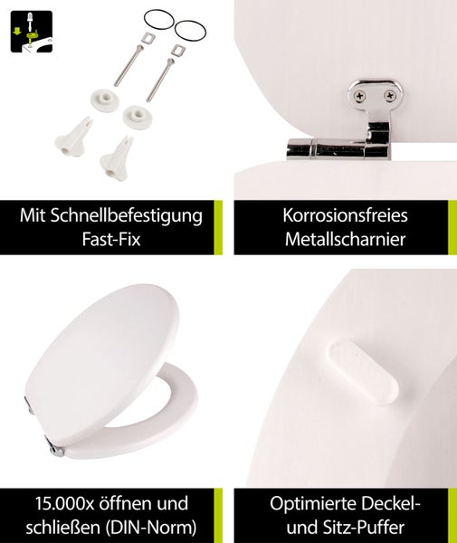 aquaSu® Holz WC-Sitz mit Absenkautomatik Venezia Weiß gekalkt, Schnellbefestigung, Metallscharnier, robuster Holzkern Toilettendeckel, ovaler O Form WC-Deckel, Holzfurnier Weiß gekalkt, 403085