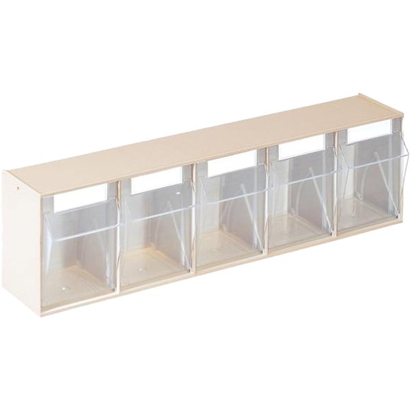 Schüttmagazin mit 5 transparenten Kippbehältern aus Kunststoff für Kleinteile.