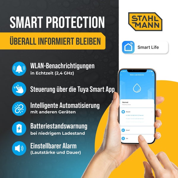 Infografik zum Stahlmann Wassermelder: WLAN-Benachrichtigungen, App-Steuerung, Automatisierung, Batteriewarnung und einstellbarer Alarm. Stahlmann Logo.