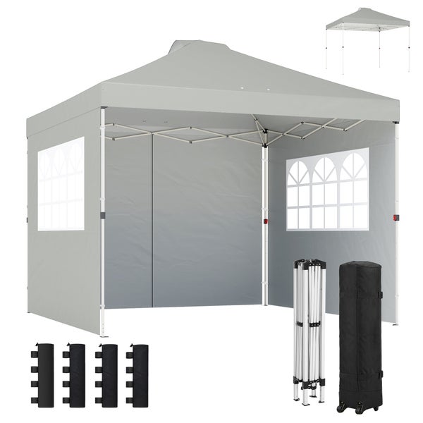 Faltpavillon mit Seitenwänden, Fenstern, Klappgestell, Standfüßen und schwarzer Tragetasche mit Rollen.
