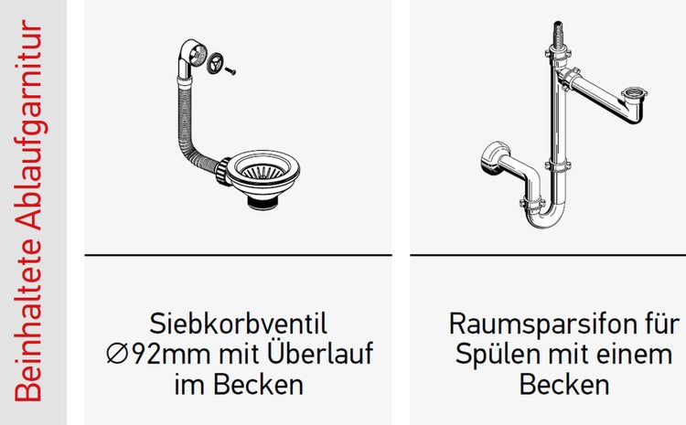 Spültischablaufgarnitur mit Siebkorbventil 92 Millimeter und Raumsparsiphon