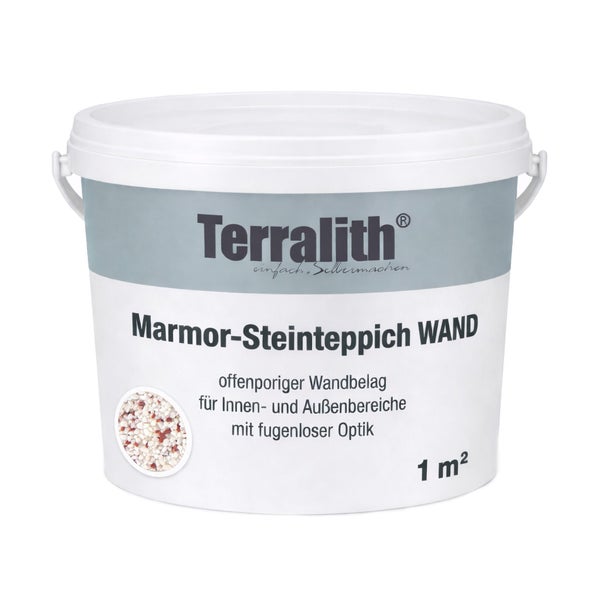 Terralith Marmor-Steinteppich für die Wand im weißen Eimer, für innen und außen, offenporig, reicht für 1 Quadratmeter.