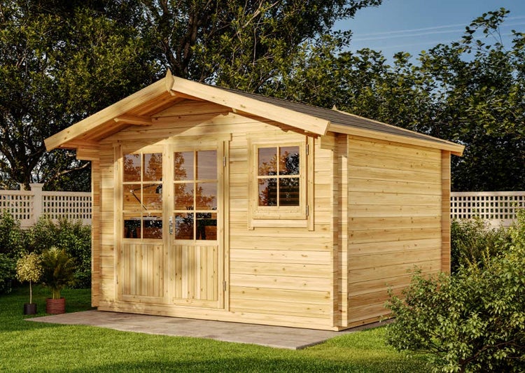 Alpholz Garten- und Gerätehaus Roger-34 Imprägniert Gartenhaus aus Holz in natur, Holzhaus mit 34 mm Wandstärke, Blockbohlenhaus mit Montagematerial 3,5x3m