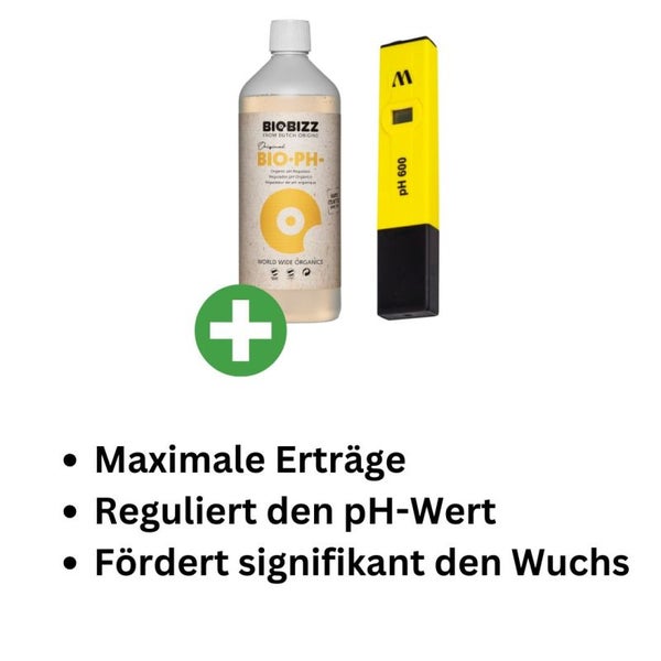BioBizz pH-Minus 500 ml + Digitales pH-Messgerät – 100 % Biologischer pH-Senker inkl. pH-Meter für optimales Pflanzenwachstum & maximale Erträge
