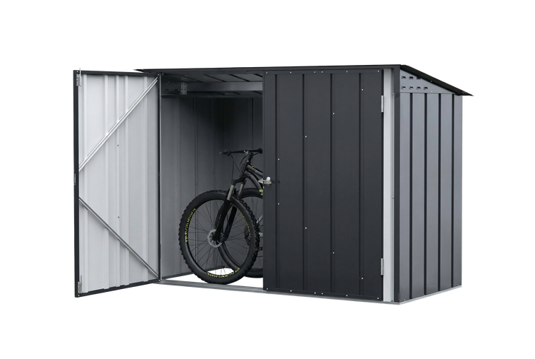 Fahrradbox aus Metall mit Platz für zwei Fahrräder und einer geöffneten Tür.