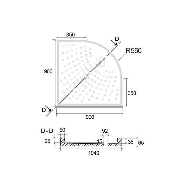 Technische Zeichnung einer Viertelkreis-Duschwanne mit den Maßen 900 mal 900 Millimeter und einem Radius von 550 Millimeter.