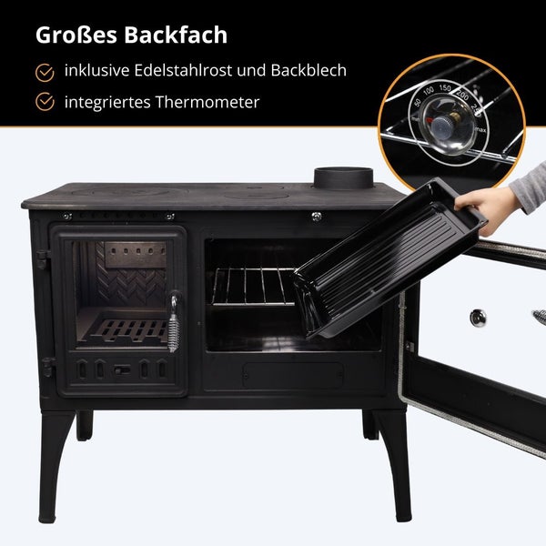 Küchenofen mit großem Backfach inklusive Edelstahlrost, Backblech und integriertem Thermometer.