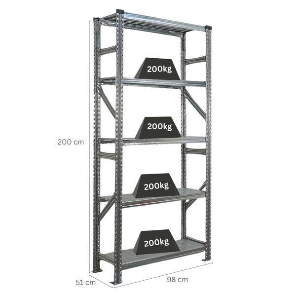 Metallregal mit vier Regalböden, Abmessungen 200 x 98 x 51 cm und Belastungsgewicht von 200 kg pro Boden