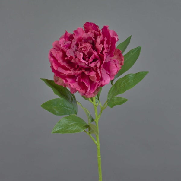 Künstliche Pfingstrose in Pink mit grünen Blättern und Stiel.