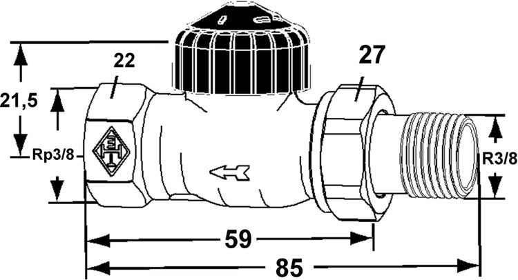 Technische Zeichnung eines Heizkörperventils mit Heimeier Logo und Maßen: Länge 85 Millimeter, Körper 59 Millimeter und 3/8 Zoll Anschlüssen.