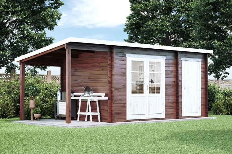 Alpholz Gartenhaus Maria mit Anbau & Schleppdach aus imprägniertem (in Pinie) Holz mit 28 mm Wandstärke 450 x 250 + 150 cm