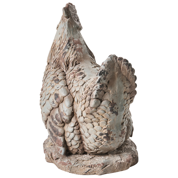 Gartenfigur Huhn aus wetterfestem Material in rustikaler Optik mit Federstruktur.
