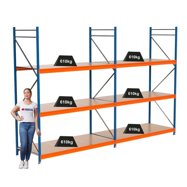 Lagerregal mit mehreren Ebenen und hoher Traglast von 610 Kilogramm pro Ebene.