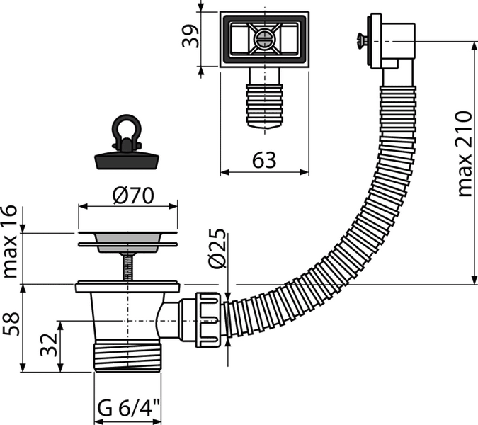 Technische Zeichnung einer Spültisch-Ablaufgarnitur mit Überlauf, inklusive Maßangaben für Durchmesser 70 Millimeter und G 6/4 Zoll.