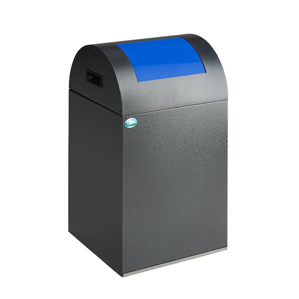 Abfallbehälter aus pulverbeschichtetem Stahl mit Runddeckel, blauer Einwurfklappe und VAR Logo.