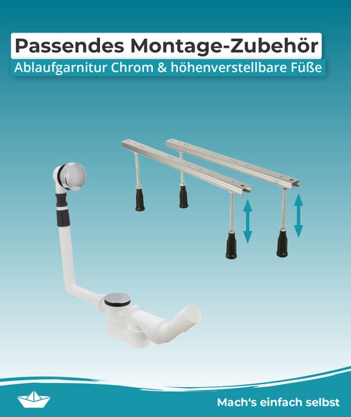 Passendes Montage-Zubehör: Ablaufgarnitur in Chrom und höhenverstellbare Wannenfüße für die Badewannenmontage.