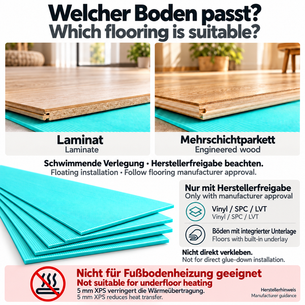 Infografik zur Eignung von 5 mm XPS Unterlage für verschiedene Bodenbeläge wie Laminat und Mehrschichtparkett ohne Fußbodenheizung.
