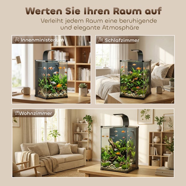 Aquarium mit LED Beleuchtung in verschiedenen Wohnräumen wie Wohnzimmer, Schlafzimmer und Arbeitszimmer.