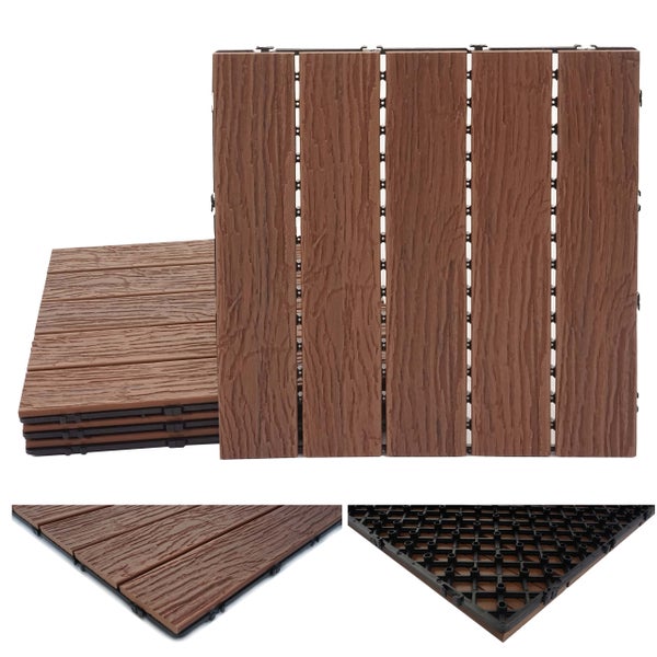 Terrassenfliese aus Holz-Kunststoff-Verbundwerkstoff in Braun mit Klicksystem, Detailansicht der Oberfläche und der Kunststoff-Unterseite.