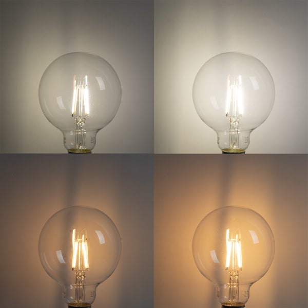 LED-Filament-Leuchtmittel in Globeform mit verschiedenen Farbtemperaturen und Helligkeitsstufen im Vergleich.