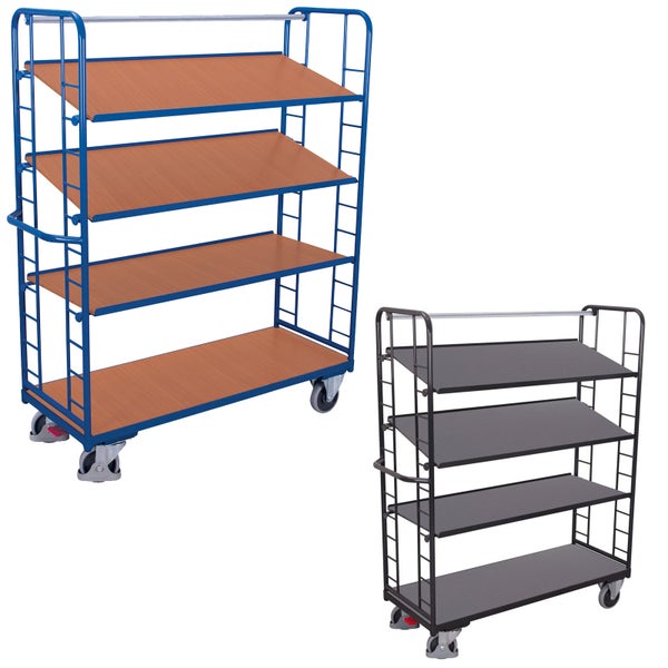 Etagenwagen mit vier Fachböden, stabiler Metallrahmen, Lenkrollen und Schiebebügel.