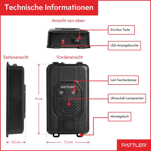 PATTLER® Marderschreck Auto mit Blitzlicht - Flexible Stromversorgung - 12V Autobatterie, AA-Batterie oder USB - Effektiver Marderschutz für Auto, Garten, Dachboden - 1 Stück