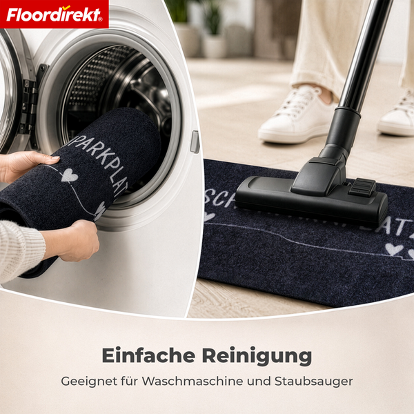 Floordirekt Logo, Fußmatte mit Herzmotiv wird in Waschmaschine gelegt und mit Staubsauger gereinigt, pflegeleichte und waschbare Schmutzfangmatte.