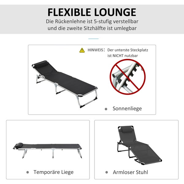 Outsunny Sonnenliege faltbar Gartenliege mit Kopfkissen Liegestuhl mit der 4-stufig verstellbaren Rückenlehne Campingliege bis 120 kg belastbar für Outdoor-Park, Garten, Schwarz