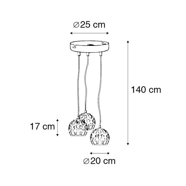 Technische Zeichnung einer Pendelleuchte mit drei Lampenschirmen, Abmessungen sind dargestellt