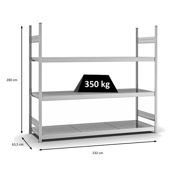 PROREGAL Weitspannregal Stecksystem T-Profil Grundregal HxBxT 200x225x60 cm 3 Ebenen Stahlplatten Fachboden Fachlast 350 kg Verzinkt
