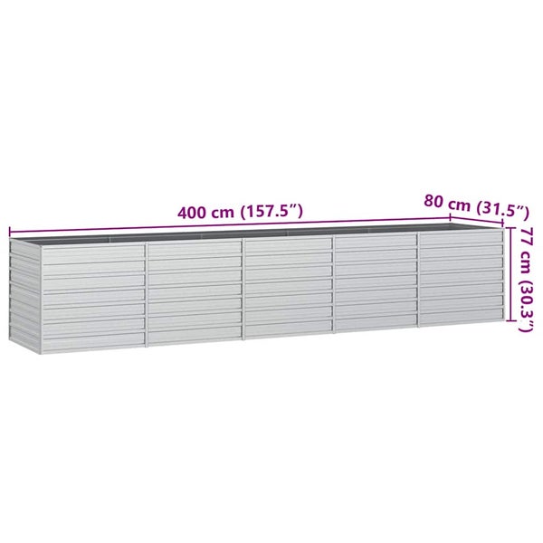 Rechteckiges Hochbeet aus verzinktem Stahl mit den Maßen 400 Zentimeter Länge, 80 Zentimeter Breite und 77 Zentimeter Höhe.
