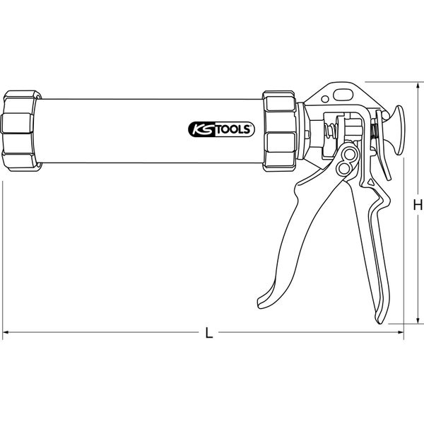 Technische Zeichnung einer Kartuschenpistole mit KS Tools Logo, inklusive Maßlinien für Länge und Höhe.