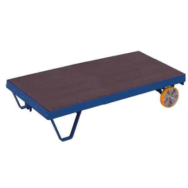 Blauer Plattformwagen aus Metall mit brauner Holzplatte, zwei Rädern und zwei Standfüßen.